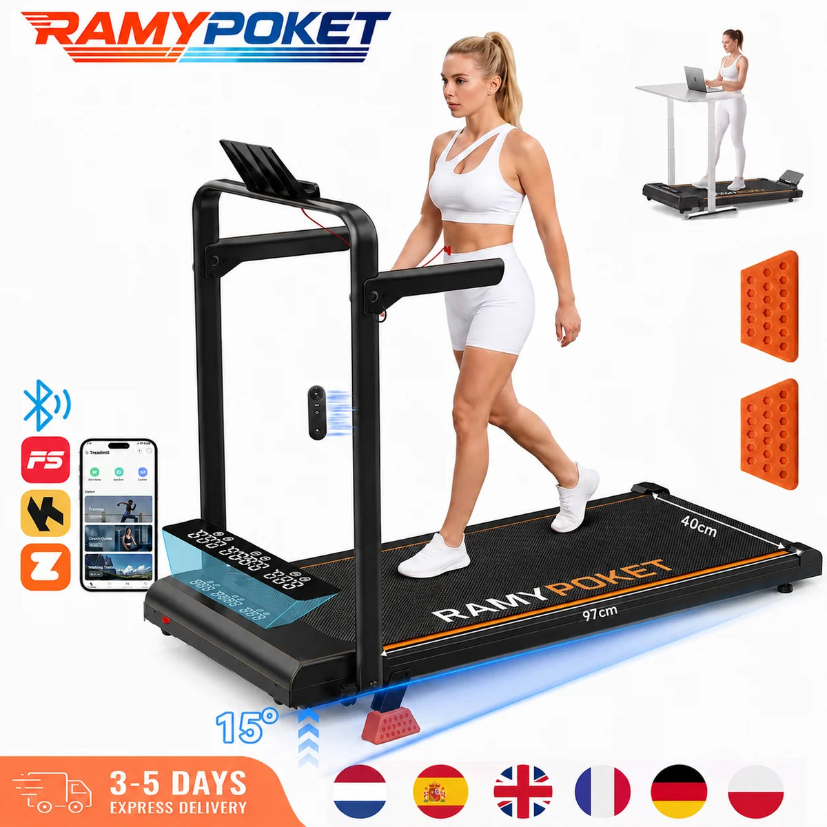 Caminadora plegable Ramypoket con inclinación del 15 %, velocidad máxima de 12 km/h, control mediante aplicación y pantalla LED, caminadora para oficina con capacidad máxima de carga de 150 kg.