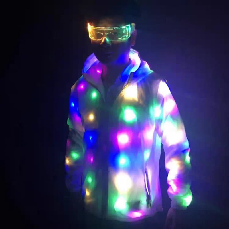 Chaqueta LED impermeable para parejas, chaleco con capucha, pantalones, disfraz de Halloween, Carnaval, actuación de baile para adultos, disfraz elegante flash
