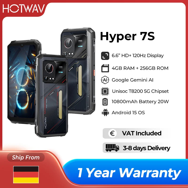 Smartphone resistente HOTWAV Hyper 7S 5G Android 15, 4GB 256GB, 10800mAh, 20W, pantalla de 6.6'' a 120Hz con super luz de camping
