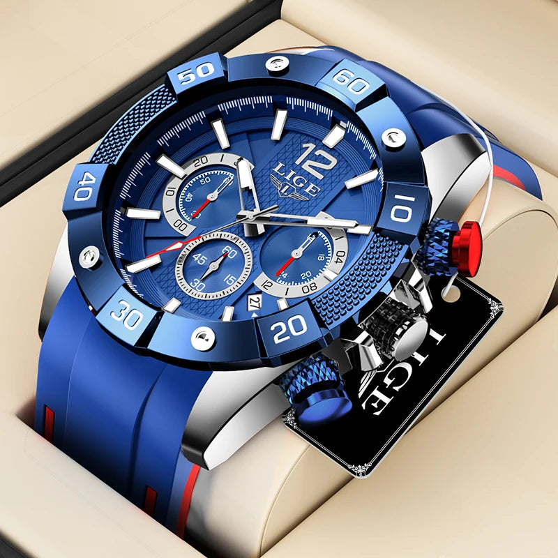 Reloj de hombre LIGE casual, de moda y negocios, con esfera grande de silicona, resistente al agua, luminoso, cronógrafo, reloj de pulsera de cuarzo para hombre