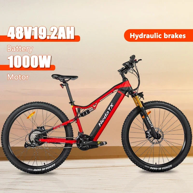 HEDA TX19 full suspension 1000W48V19.2AH hydraulic disc brake road mountain 29-inch dual suspension 27-speed electric bicycle