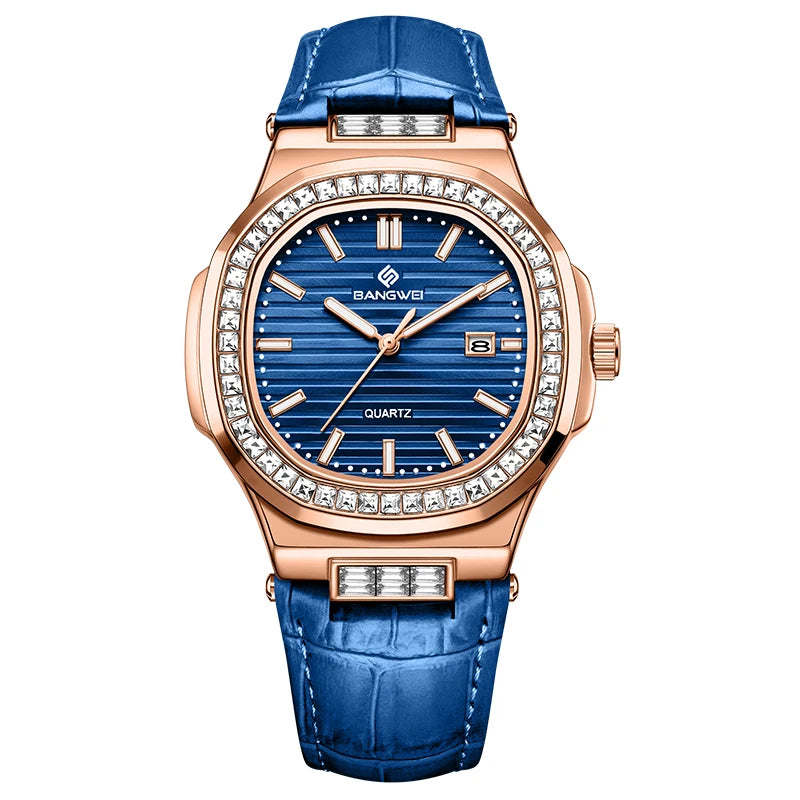 Reloj de cuarzo para mujer BANGWEI, nuevo diseño, elegante y de lujo, esfera sencilla con diamantes, retro, de cuero, con fecha, resistente al agua y luminoso.