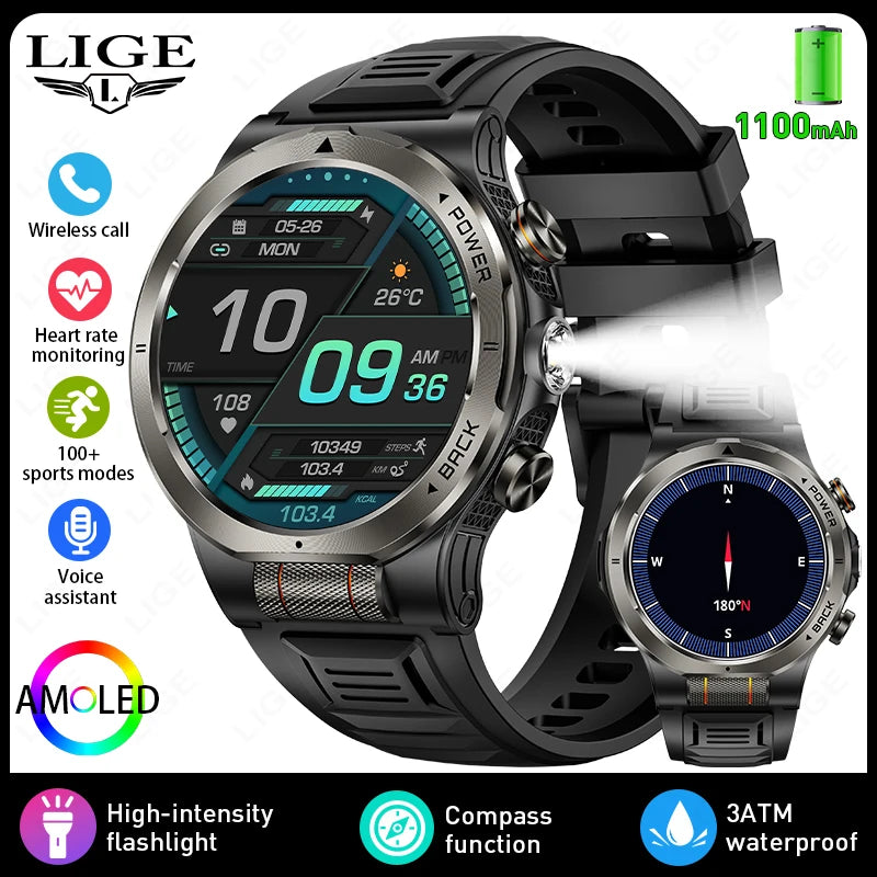 LIGE 2026 New 1100mAh Battery Smart Watch Waterproof Sports Tracker Health Monitoring Outdoor Compass Smartwatch With Flashlight