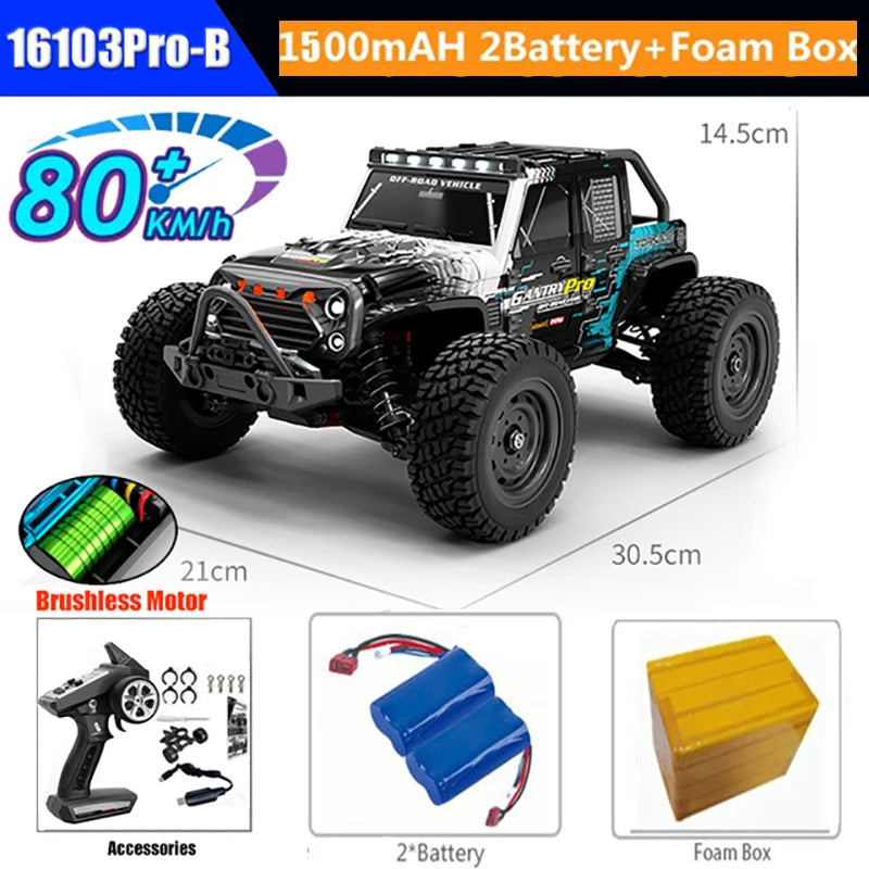 Coches RC de 50 u 80 km/h, escala 1/16, todoterreno, derrape, 4WD con LED, control remoto 2.4G, camión monstruo impermeable, regalo de juguete para adultos y niños