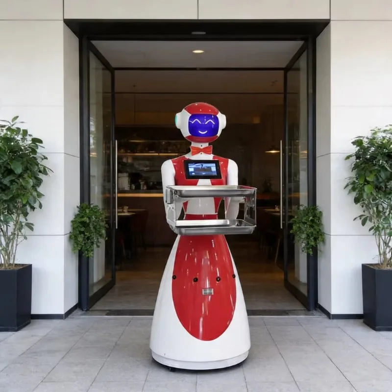 Robot camarero de reparto con bandeja metálica y cabeza azul, cuerpo rojo y blanco
