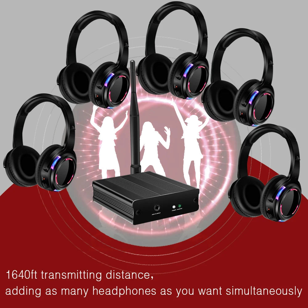Auriculares Profesionales Inalámbricos RF de 500m de Alcance para Silent Disco con 10 LED y 3 Transmisores - Ideales para DJ, Clubes, Fiestas, Reuniones y Transmisiones