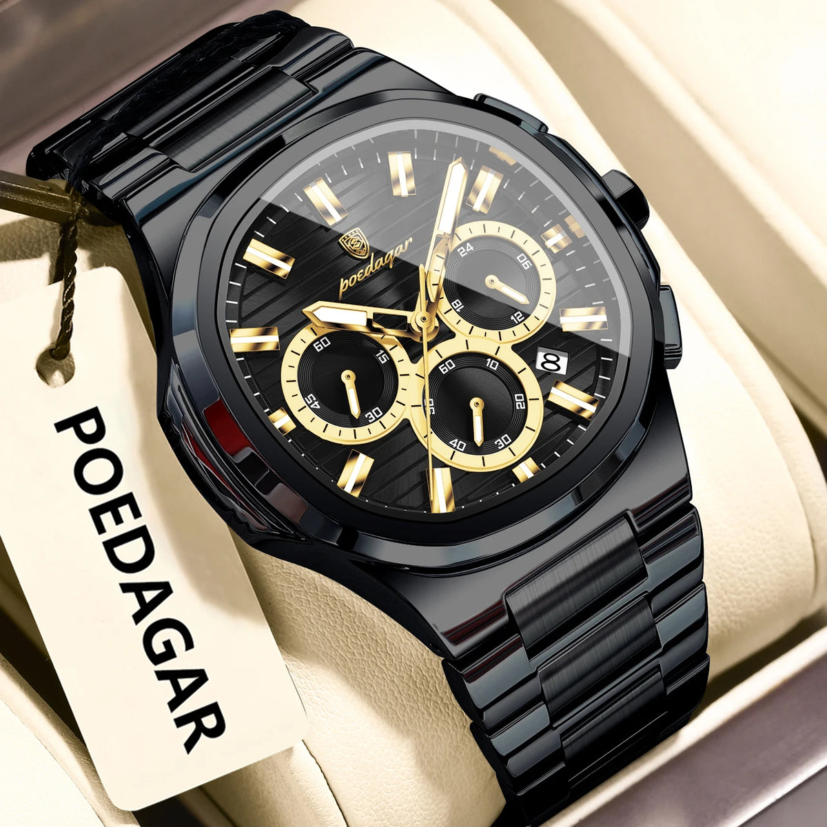 POEDAGAR Business Man Wristwatch Date Chronograph Waterproof Luminous Luxury Men Watch Stainless Steel Quartz Men's Watches Male