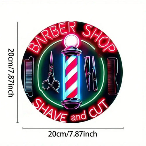 Cartel de neón circular de barbería, 20 cm; BARBER SHOP y SHAVE and CUT