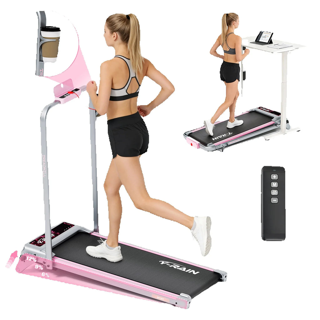 Caminadora plegable Y-RAIN para uso doméstico y en la oficina, con inclinación del 12 %, velocidad de 1 a 12 km/h, control remoto, pantalla LED y capacidad máxima de 150 kg.