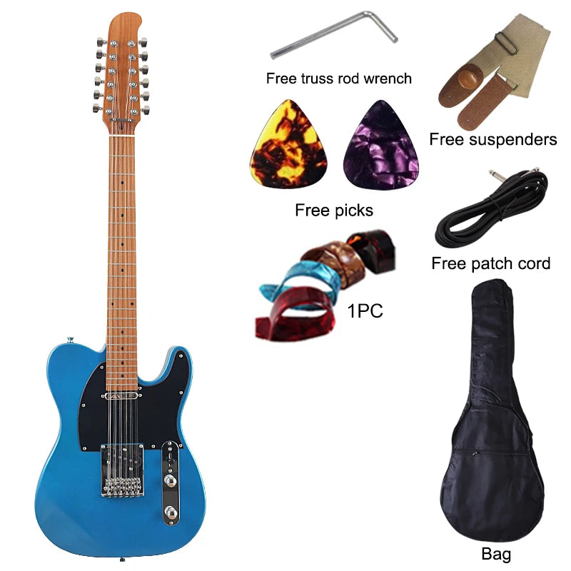 Guitarra eléctrica de 12 cuerdas de alto brillo con patrón, cuerpo Okoume de 39 pulgadas con mástil de arce asado, Color rojo, buena artesanía