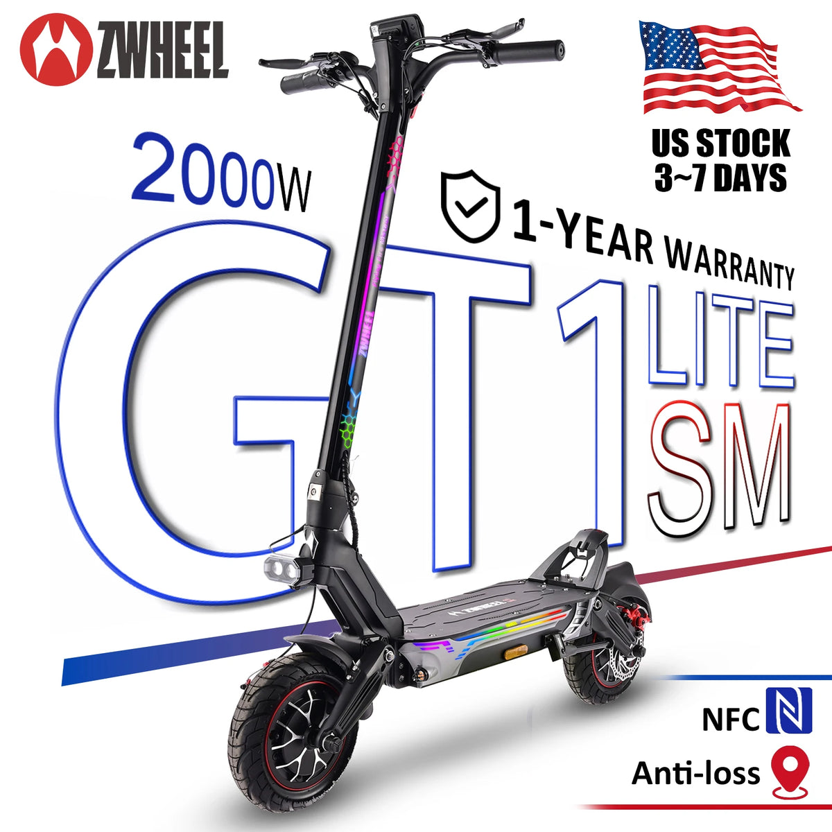 Patinete eléctrico ZWHEEL GT1 Lite en color negro con detalles morados y ruedas negras.