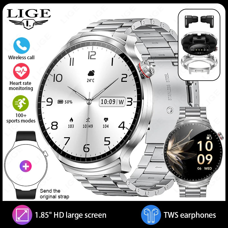 Reloj inteligente LIGE TWS con auriculares, pantalla IPS de 1.85", llamadas BT, monitor de frecuencia cardíaca y sueño, reloj inteligente deportivo resistente al agua para Android e iOS