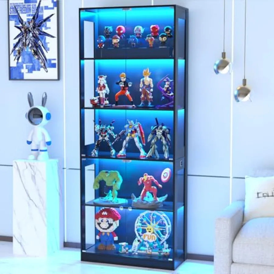 Vitrina negra con puerta de vidrio y estantes, iluminación LED azul en el interior