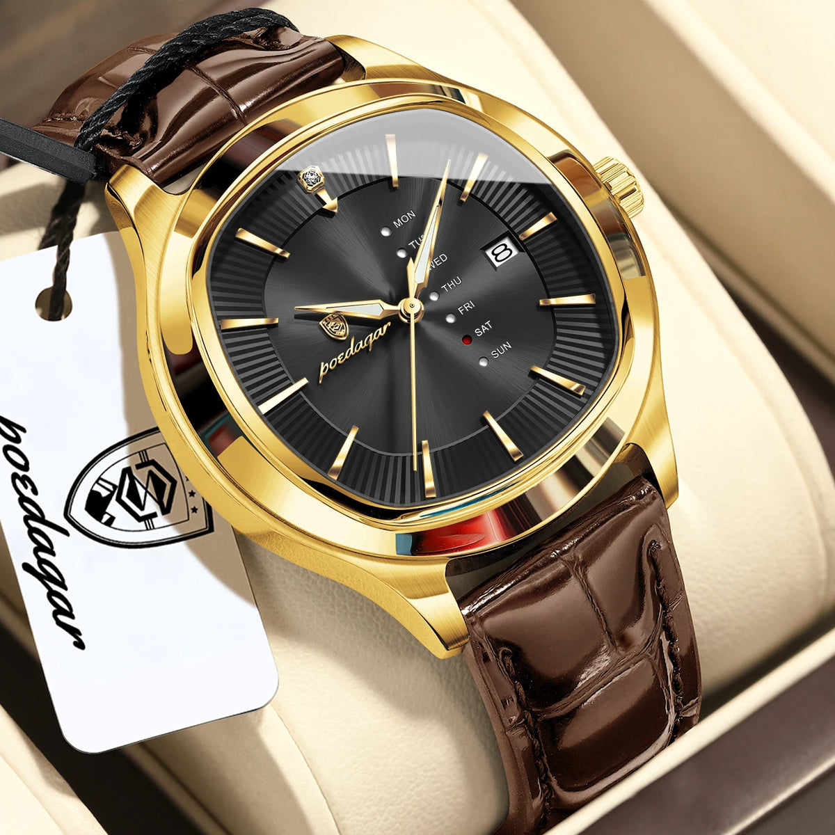 POEDAGAR Fashion Man Clock Waterproof Luminous Date Week Sport Men Wristwatch Leather Business Men's Quartz Watches Reloj Hombre