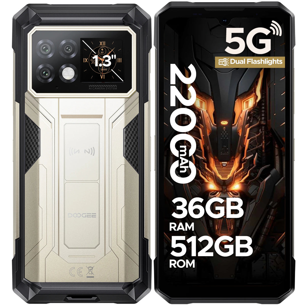 Smartphone rugerizado DOOGEE S200 Max 36GB+512GB 22000mAh 66W Doble linterna LED Pantalla trasera de 1.32" Dimensity 7050 108MP NFC