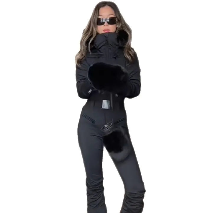 Traje de esquí cálido para mujer, mono de una sola pieza con capucha, cuello de piel, manga larga, corte ajustado en la cintura, ideal para actividades de invierno al aire libre y para practicar snowboard.