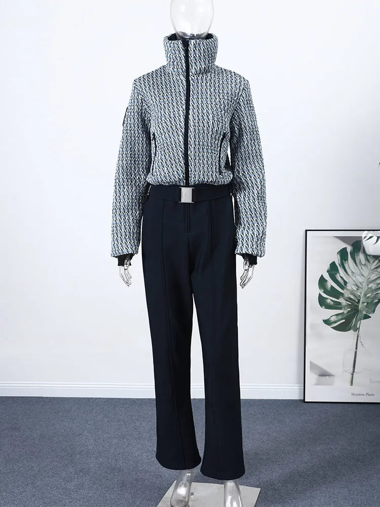 Traje de esquí de una pieza para mujer con capucha, cinturón, corte acampanado, puños elásticos, bolsillos con cremallera, resistente al agua, ropa de nieve.