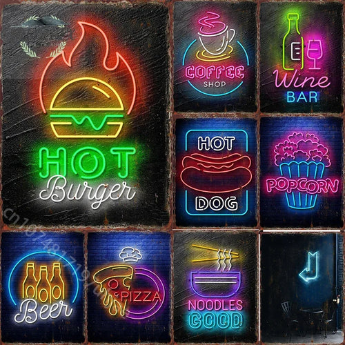 Cartel decorativo de metal con letreros neón de comida y bebidas, estilo retro.