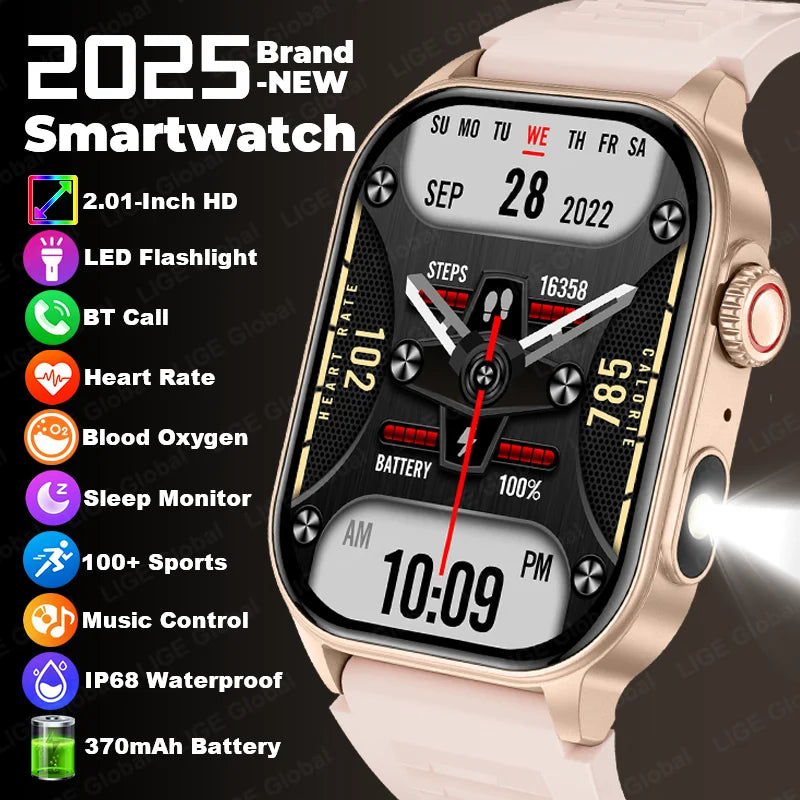 LIGE 2026 New Women Smart Watch Flashlight 2.01” HD Display AI Voice Bluetooth Call Sports Watches Health Monitor Smartwatch Men