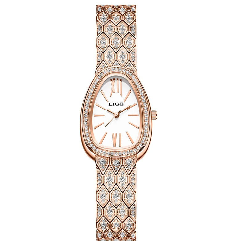 Relojes para mujer LIGE, reloj de pulsera de lujo a la moda, con esfera ovalada incrustada de diamantes y números romanos, reloj de cuarzo para mujer