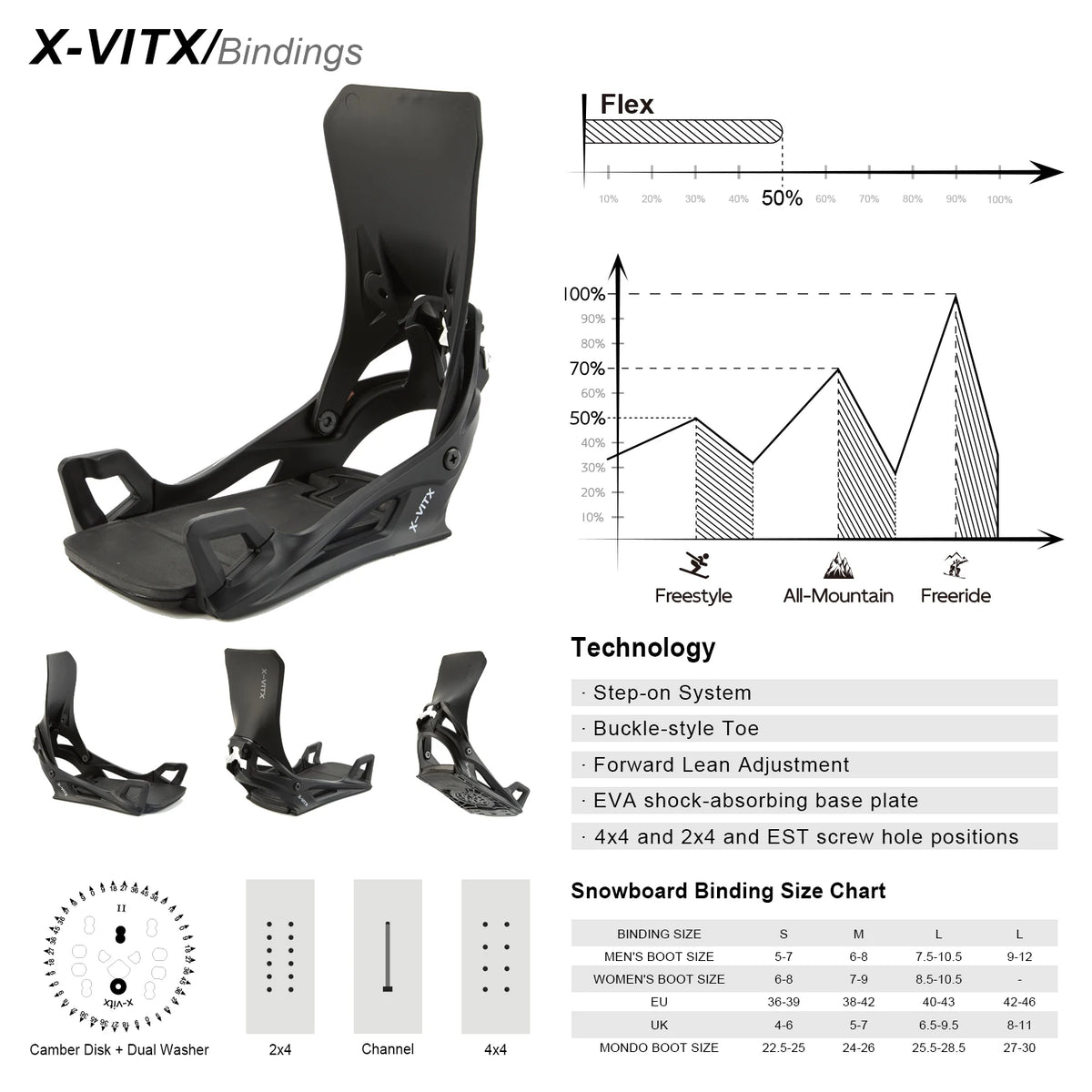 Conjunto/Paquete de Fijaciones y Botas Negras para Snowboard X-VITX
