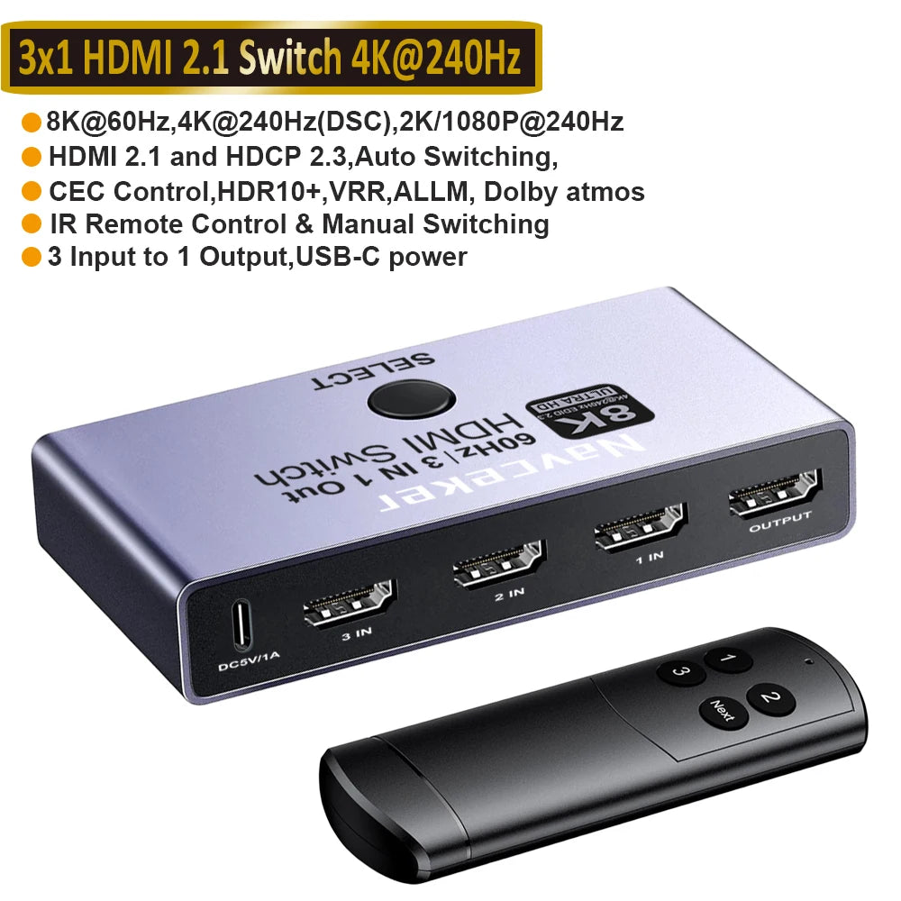 Navceker-conmutador HDMI 2,1, 8K, 60Hz, 4K120Hz, compatible con HDMI, salida 3 en 1 con convertidor de Control remoto para monitores Xbox PS5