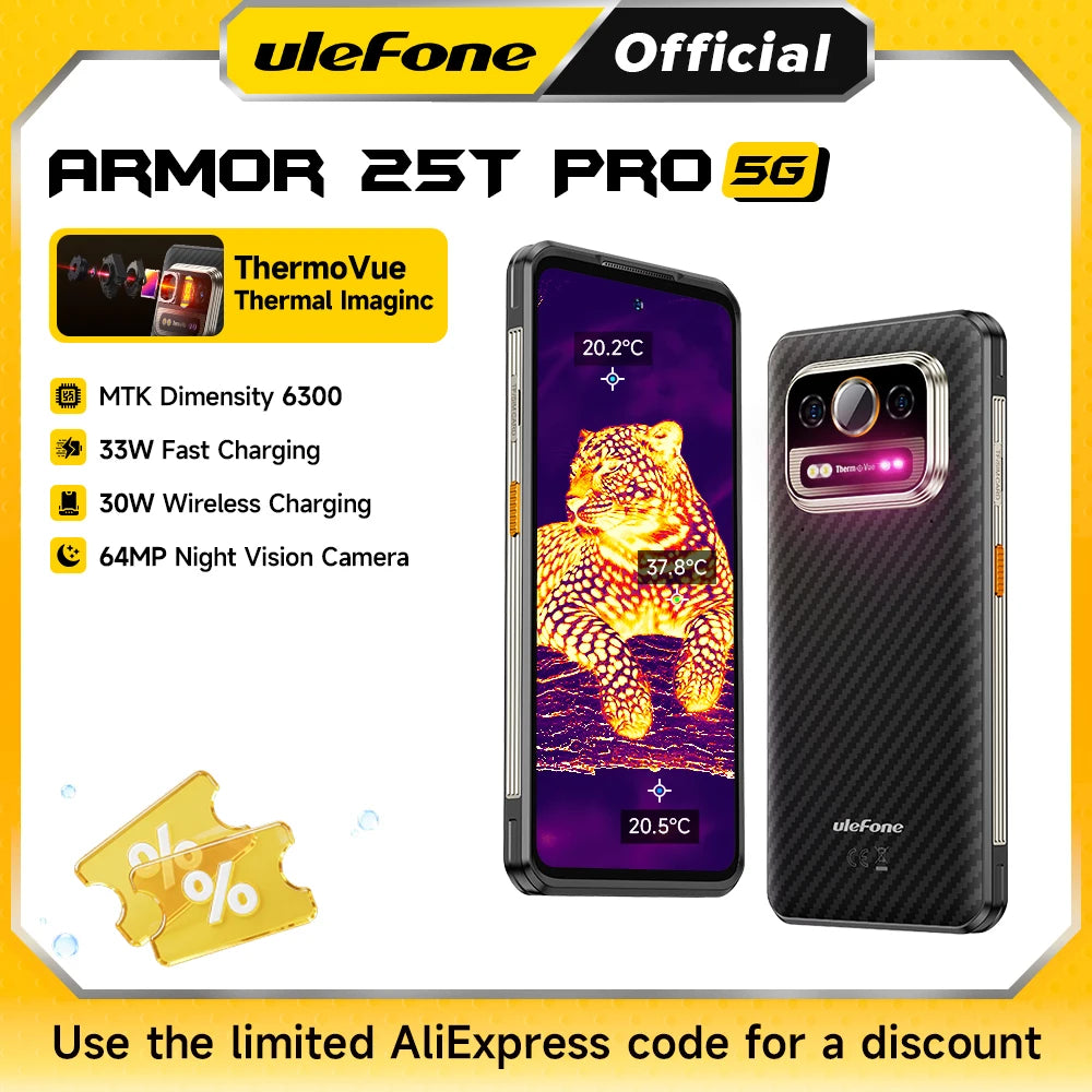 Ulefone Armor 25T Pro 5G Smartphone ultrarresistente Android 15, carga inalámbrica de 30W, 50MP+64MP, visión nocturna, NFC, resistente al agua