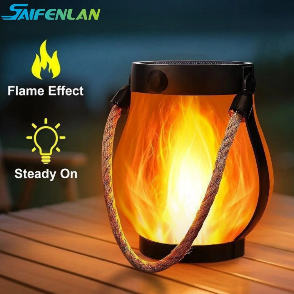 Linterna Solar de llama parpadeante para colgar al aire libre con mango de cuerda, carga Solar y USB para decoraciones navideñas de jardín o patio
