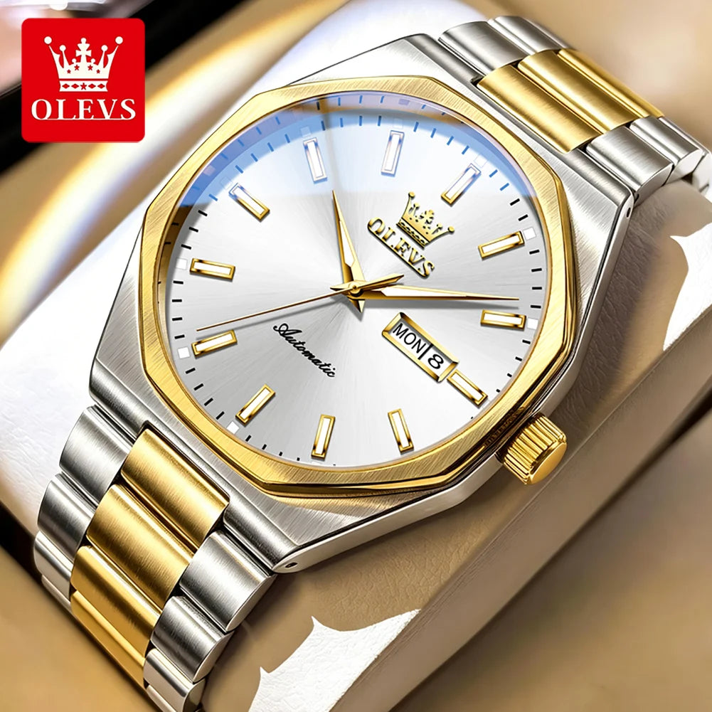 Reloj OLEVS 6786 para hombre, movimiento mecánico, diseño de sección transversal 3D, luz nocturna, ventana de calendario, día de la semana, correa de acero