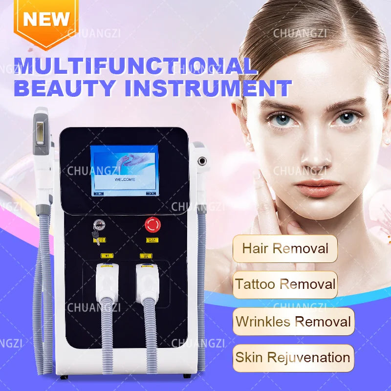 Máquina de Belleza Multifuncional 3 en 1 OPT IPL RF Nd Yag Láser, Funciones de Depilación sin Dolor, Eliminación de Tatuajes, Eliminación de Pecas y Manchas