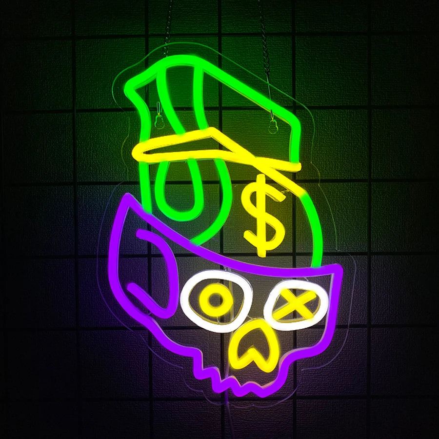 Cartel de neón con esqueleto con sombrero verde, amarillo y morado, encendido