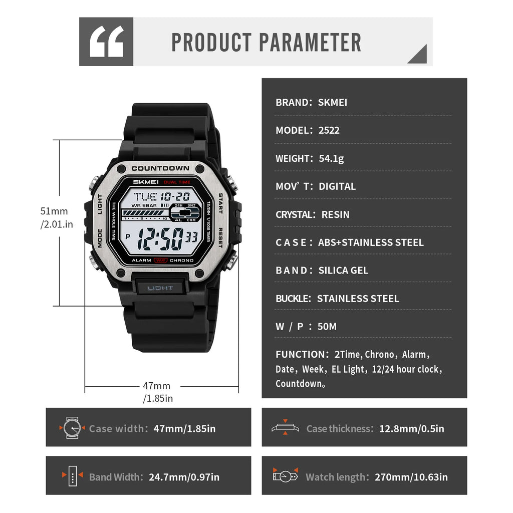 SKMEI 2522 New Digital Countdown Sports Watch for Men LED Chrono Military Waterproof Mens Wristwatches Alarm Clock Montre Homme