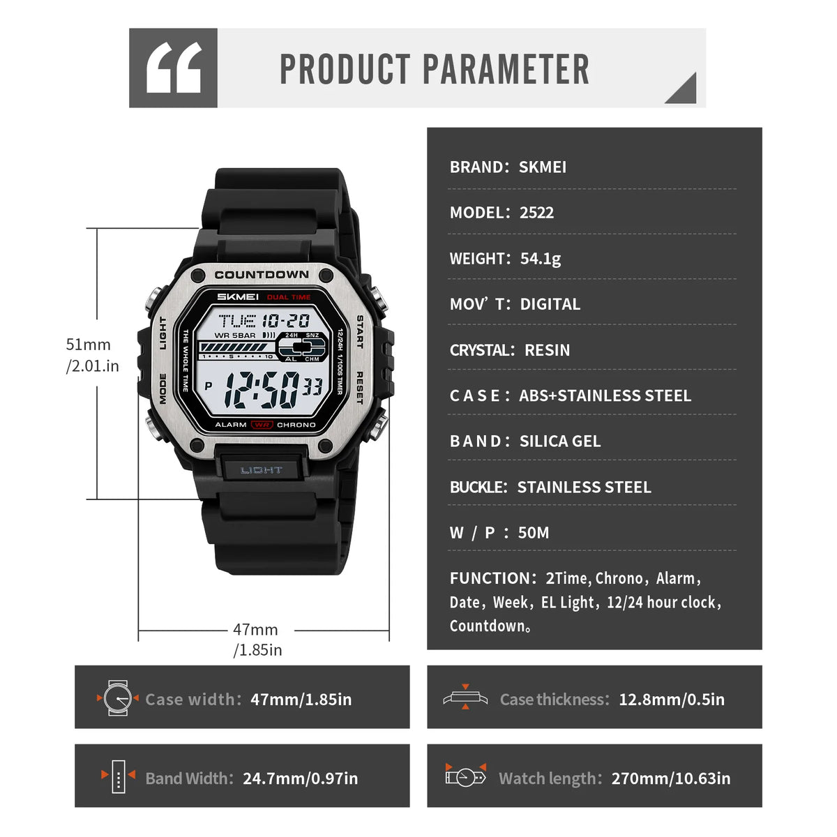 SKMEI 2522 New Digital Countdown Sports Watch for Men LED Chrono Military Waterproof Mens Wristwatches Alarm Clock Montre Homme