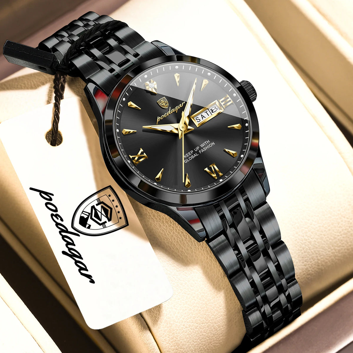 Reloj de pulsera informal POEDAGAR para mujer, resistente al agua, con fecha, semana, luminoso, de acero inoxidable, reloj de moda para mujer