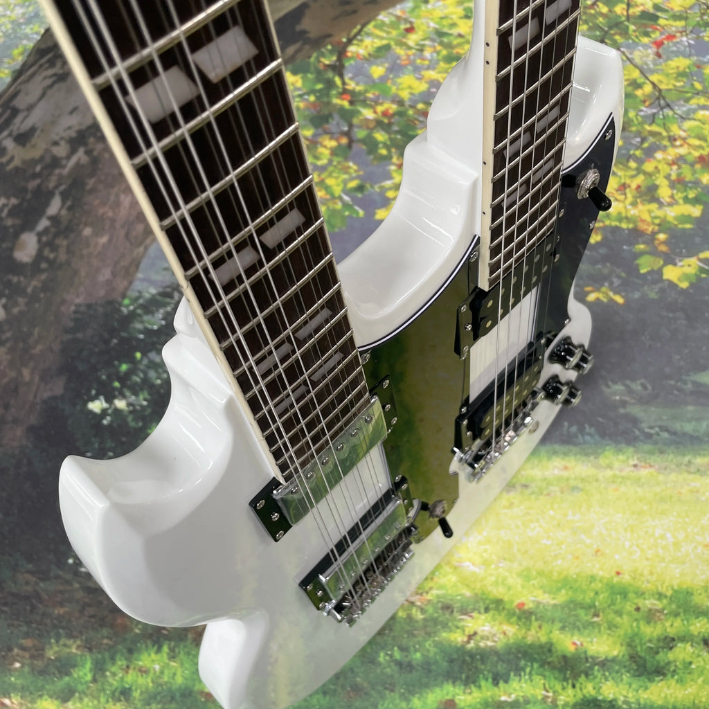 Guitarra eléctrica blanca 12+6, diapasón de palisandro con marcadores de trastes cuadrados, guitarra eléctrica de 20 trastes para toque rápido.