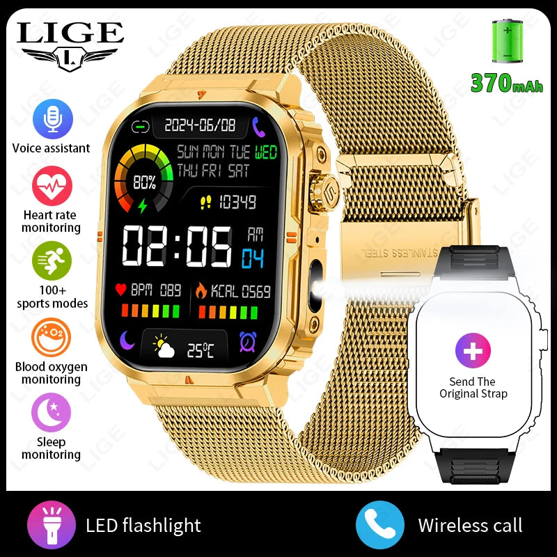 LIGE New Sports Smart Watch 2.01" HD Make Answer Call Voice Assistant Flashlight Outdoor 370mAh Battery Smartwatch For Men Women