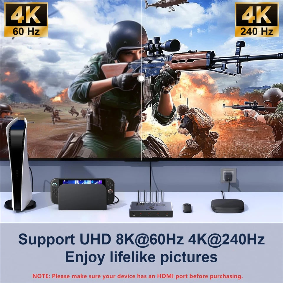 Conmutador HDMI 2.1 Navceker 8K 4K 240Hz, 3 Entradas 1 Salida, Divisor HDMI 3x1 con Control Remoto para Laptop, PC, PS5, Monitor, Xbox, TV
