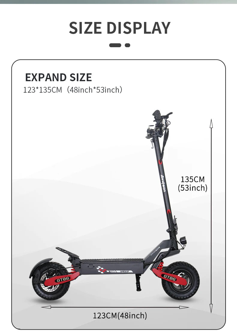 Patinete eléctrico plegable con dimensiones indicadas: 135×123 cm