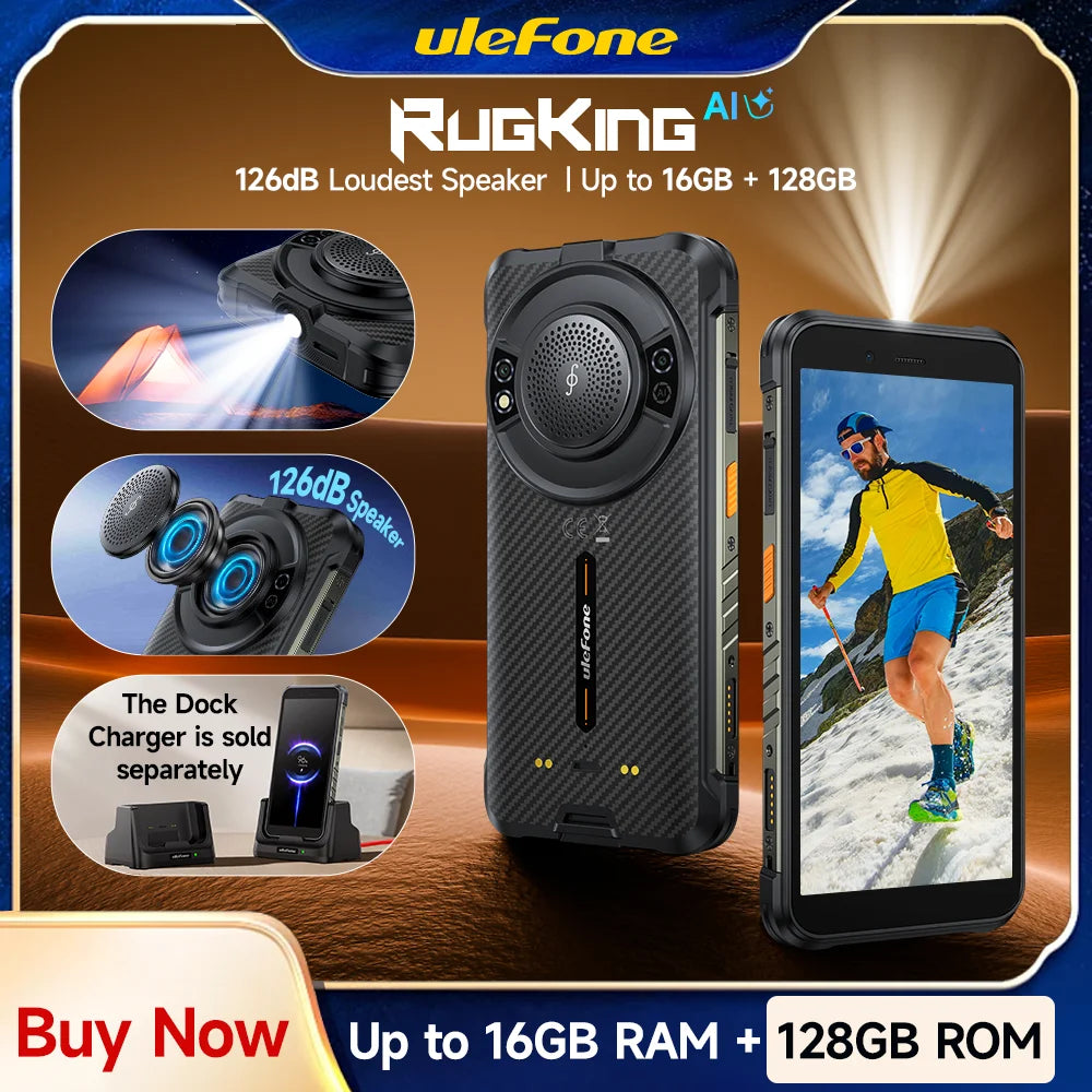 Teléfono resistente Ulefone RugKing 4G, Android 15, hasta 16GB+256GB, smartphone con IA, 9600mAh, resistente al agua, 5.99", 50MP, NFC, versión global, 126dB