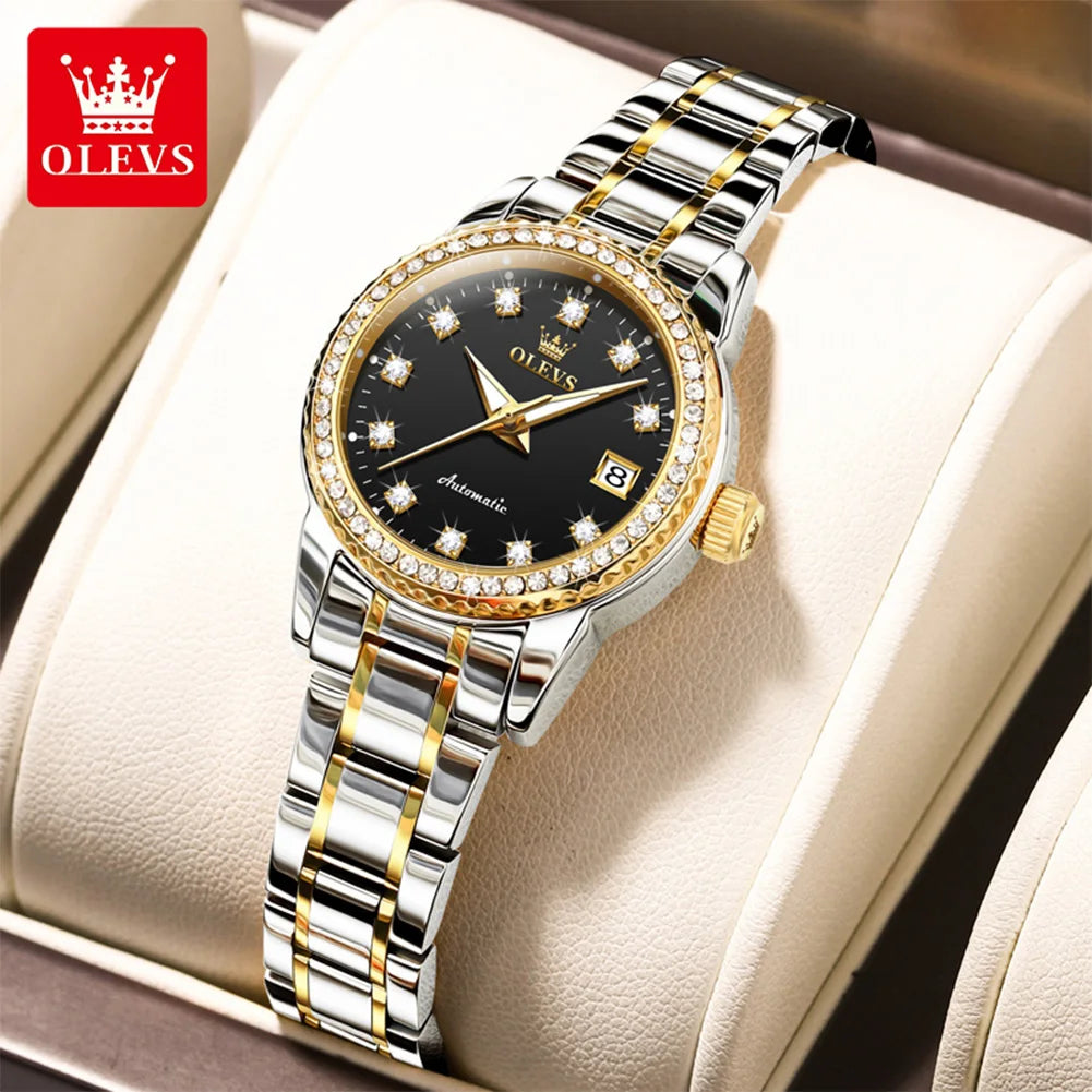 Reloj mecánico para mujer OLEVS 7003, elegante reloj de pulsera con esfera de diamantes de lujo, calendario, resistente al agua y luminoso