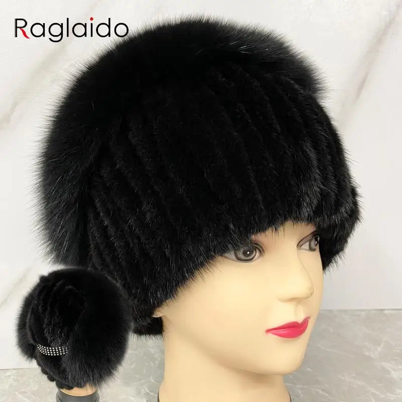 Sombrero de punto de piel de zorro de visón Natural con diamantes para mujer, gorros de invierno, gorro de nieve cálido para exteriores, elegante