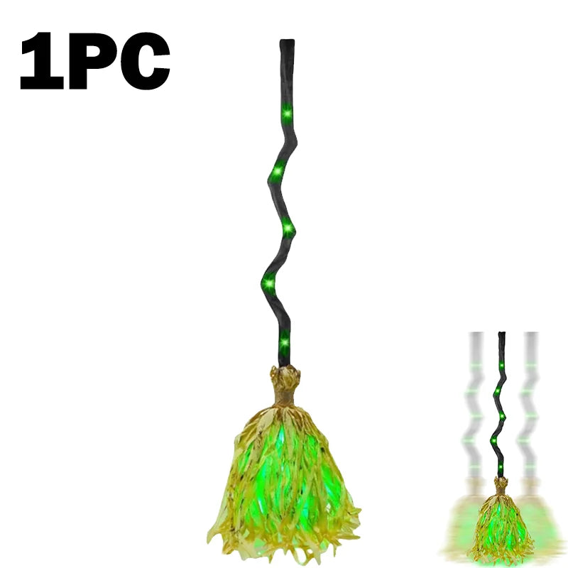 Escoba de Bruja Luminosa de Halloween con Función de Salto Automático, Accesorio de Halloween con Efectos de Luz y Sonrisa Espeluznante para Decoración de Fiestas de Casas Embrujadas