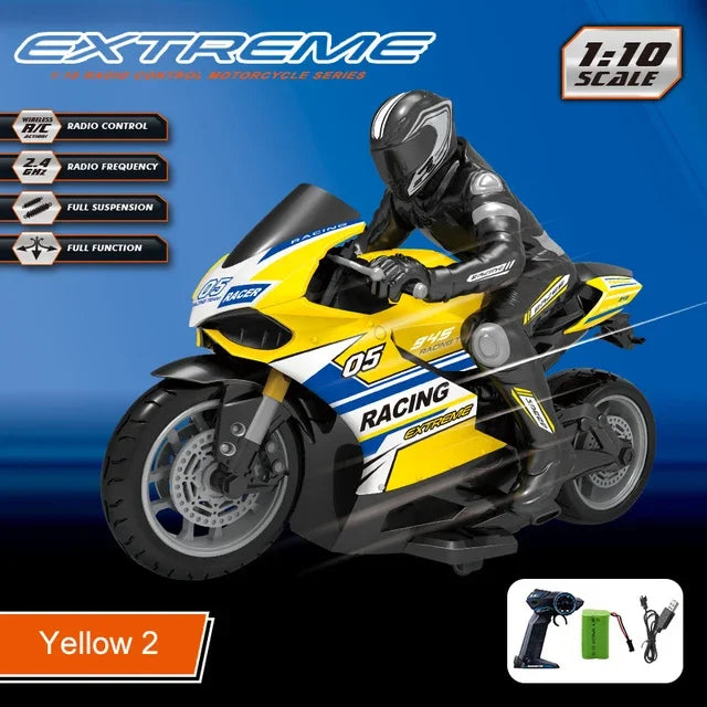 Motocicleta a control remoto a gran escala 1:10, 25 KM/H, acrobacias, derrape, ruedas de goma suave TPR anticaída, motor potente, vehículo RC