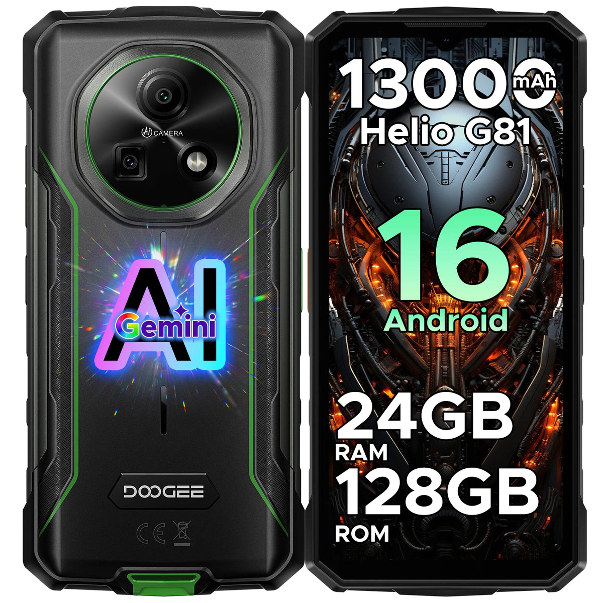 Smartphone rugerizado DOOGEE Fire 5 Pro, 24GB+128GB, pantalla HD+ de 6.6", batería de 13000mAh, Helio G81, 13MP+8MP, NFC, Android 16