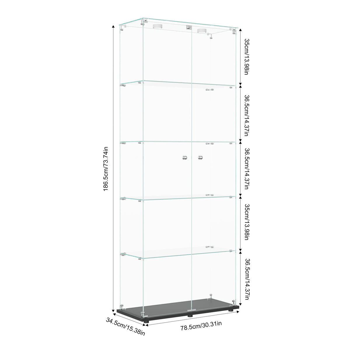 Vitrina de cristal con iluminación LED, vitrina expositora con 5 estantes de vidrio y 2 puertas de vidrio templado, mueble vitrina, para salón, oficina, coleccionables, libros, vino