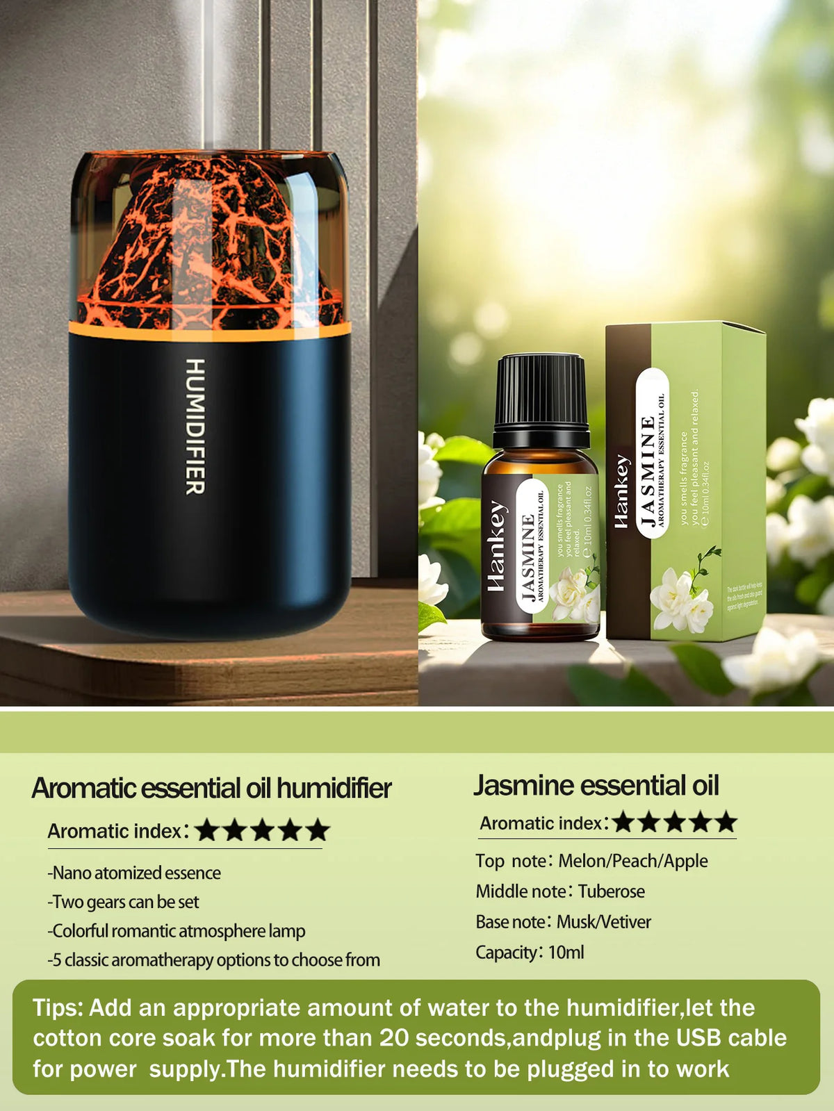 El difusor de aromaterapia USB humidificador con lámpara de color volcánico simulado es adecuado para usar en automóviles, hogares, dormitorios, como regalo,