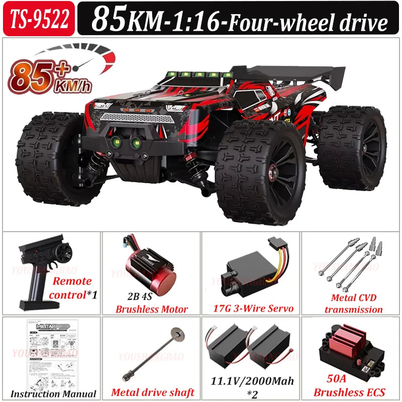 Coche de control remoto de alta velocidad 9522PRO con tracción en las cuatro ruedas sin escobillas, 85 km/h, para derrapes todoterreno, coche de carreras 9522 1:16, 50 km/h, juguete para niños