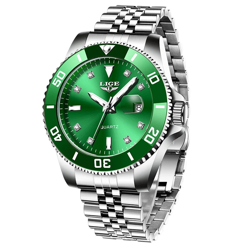 Reloj para hombre de moda LIGE con esfera de diamantes, reloj de negocios, resistente al agua, con calendario, cierre desplegable de mariposa y correa de acero inoxidable.