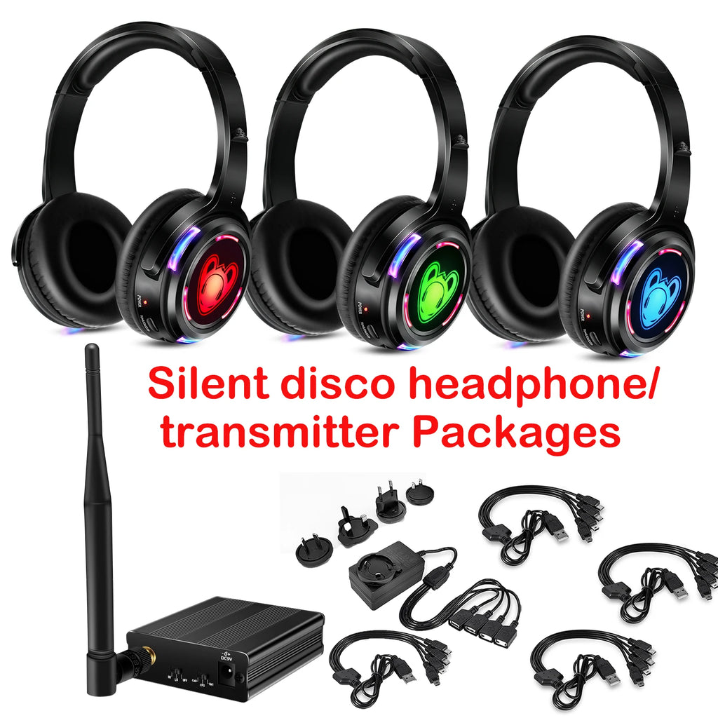 El mejor sistema de auriculares para discoteca silencioso, auriculares LED intermitentes con transmisor de 3 canales y 500M, inalámbrico RF para iPod, MP3, DJ y música