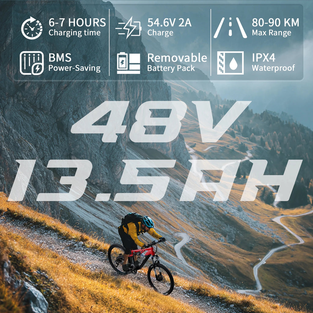 Bicicleta de montaña eléctrica DUOTTS E29 con motor de 250 W, ruedas de 27,5", batería de 48 V 13,5 Ah, autonomía de 90 km y frenos de disco hidráulicos para conducción todoterreno